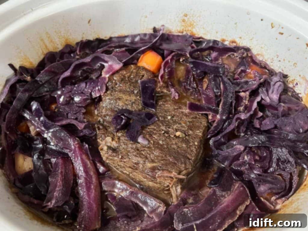 A slow cooker filled with beef and red cabbage simmering to tender perfection, with rich liquid visible.