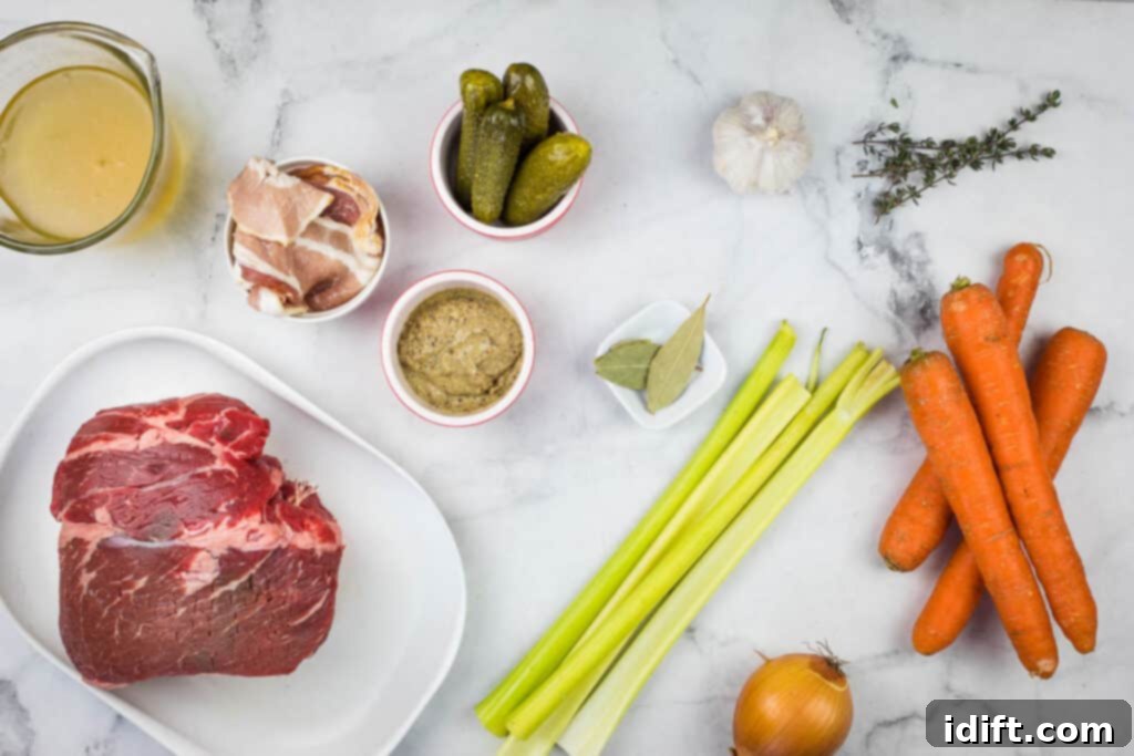 A plate of fresh ingredients for German Pot Roast, including chuck roast, bacon, herbs, garlic, and various vegetables, ready for preparation.