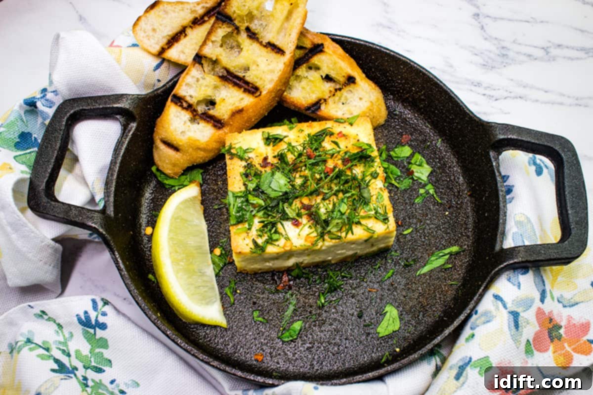 Grilled Feta with Herbs in a black serving dish with toasted bread and a lemon wedge.