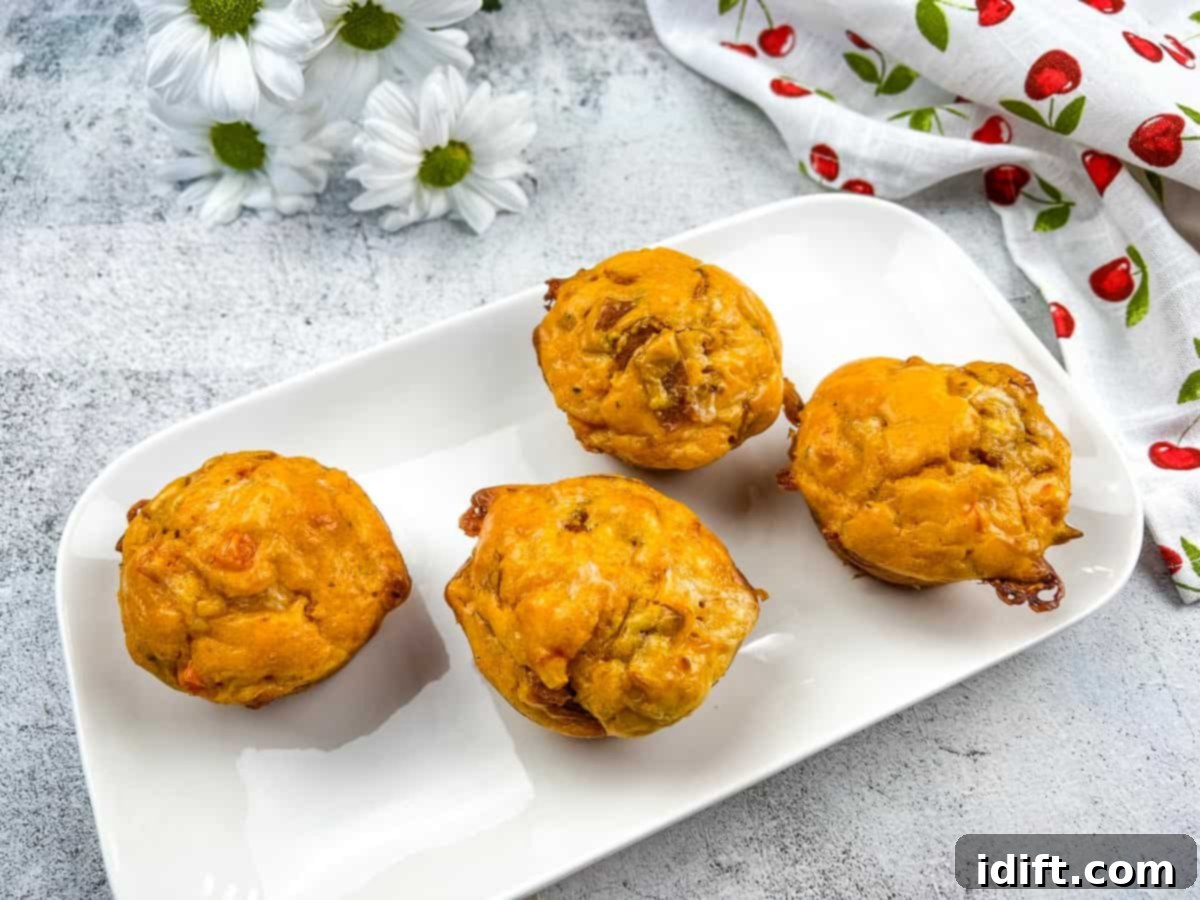 Four pizza muffins on a white plate with flowers.