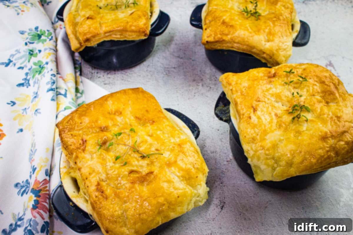 Turkey Pot Pies with Puff Pastry on a counter.