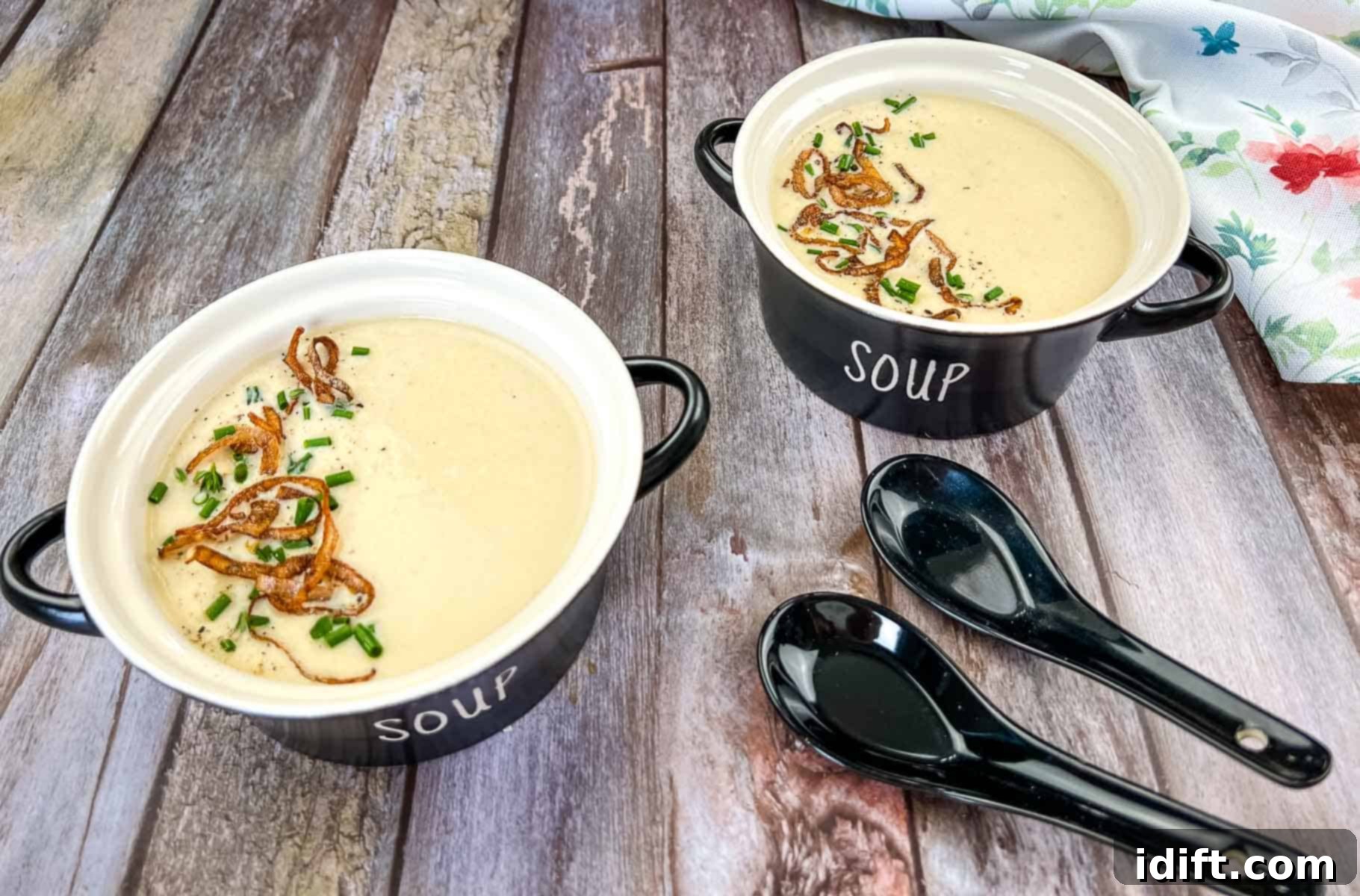 Easy Soups Kids Can Make 8 Two bowls of cream onion soup on a wooden table.