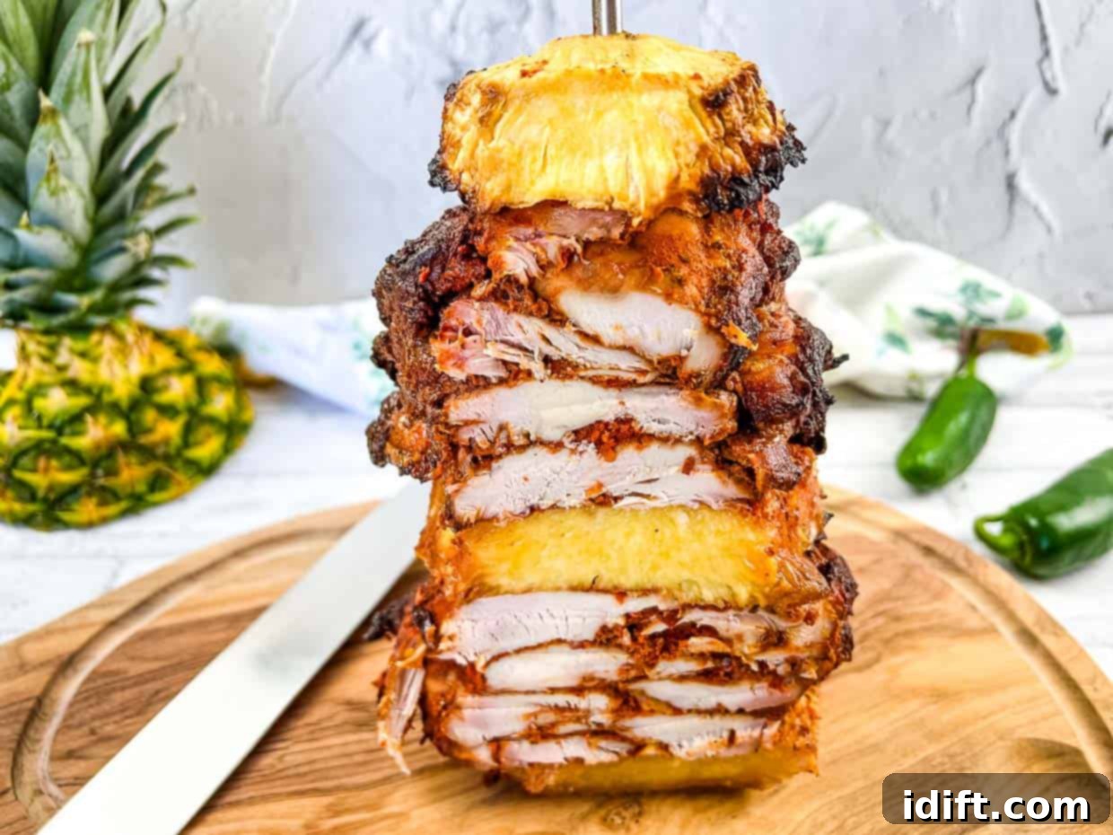 27 Speedy and Effortless Chicken Dinners for Busy Evenings 2 A stack of chicken and pineapple on a vertical skewer on a cutting board.