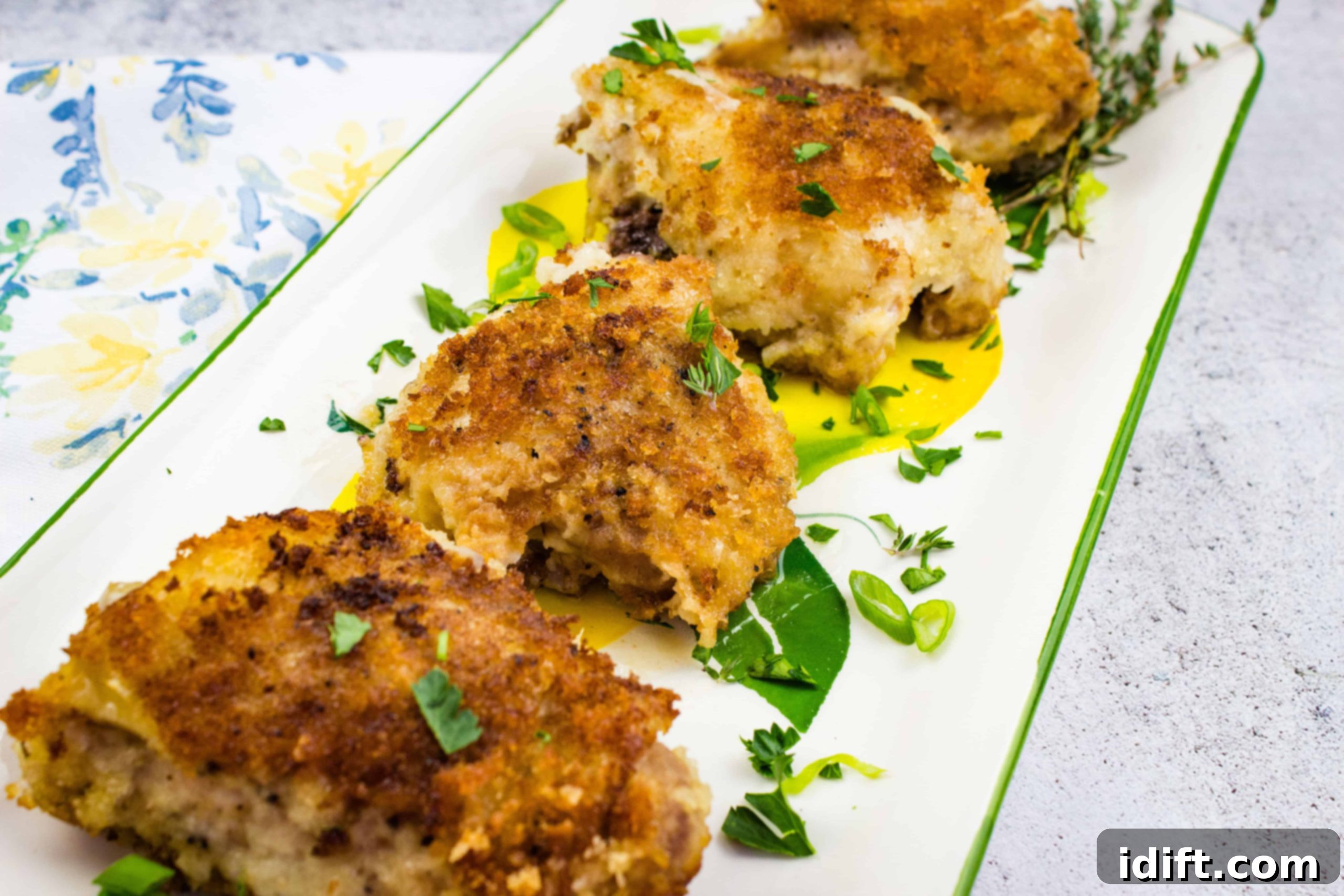 27 Effortless Chicken Meals for Your Busiest Nights 3 Golden brown Oven Baked Chicken Thighs with creamy onion gravy on a platter, garnished with herbs.