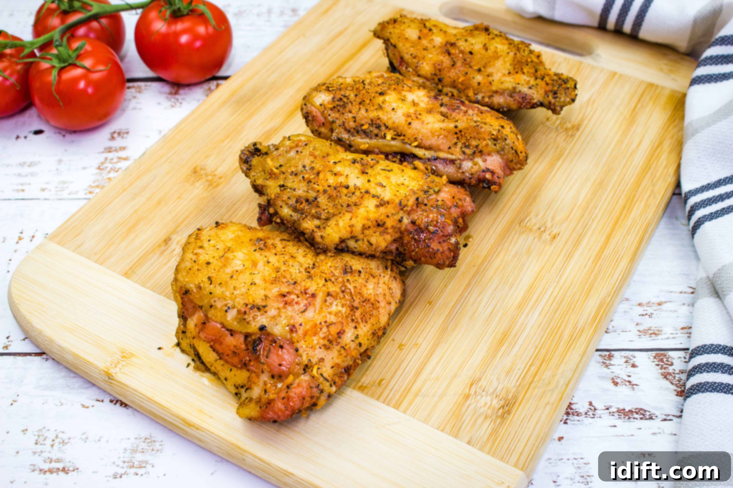 27 Effortless Chicken Meals for Your Busiest Nights 8 Perfectly Smoked Chicken Thighs on a cutting board, garnished with fresh tomatoes and herbs.