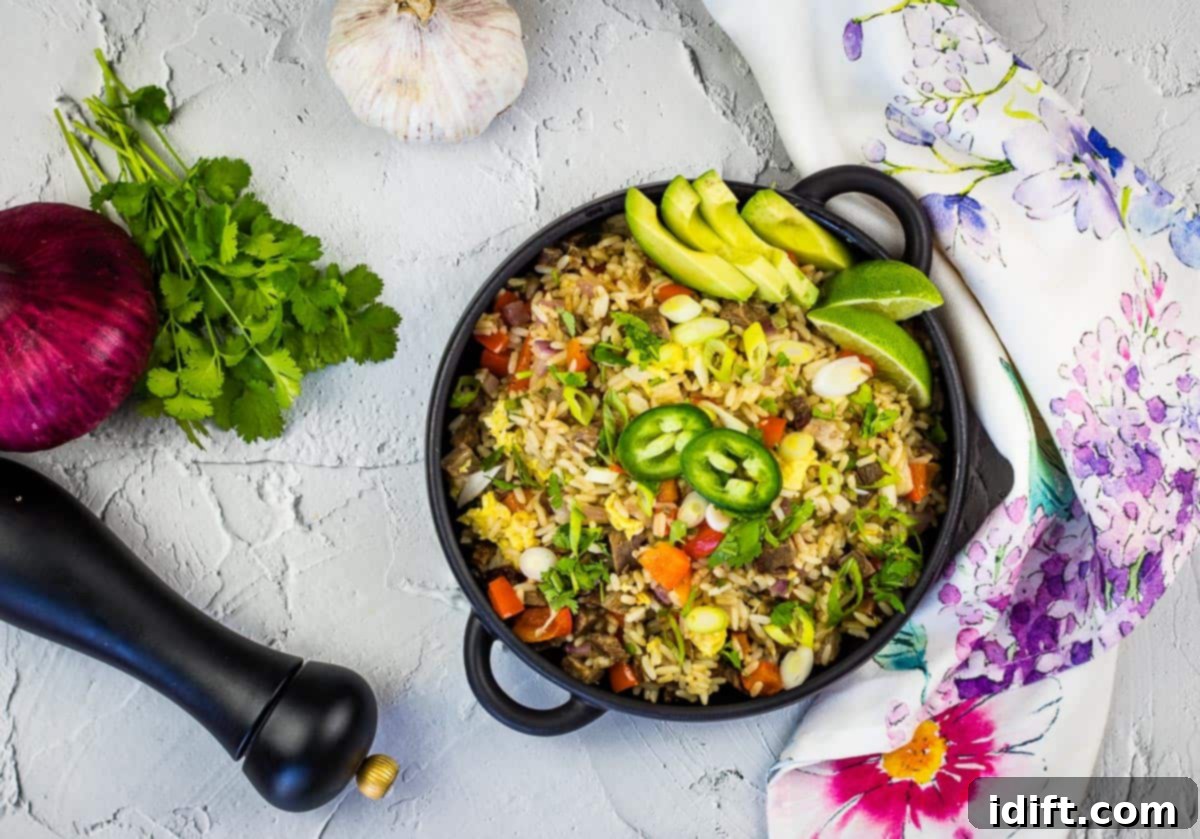 17 Prize Winning Beef Recipes 9 Brisket fried rice in black serving dish on white background.