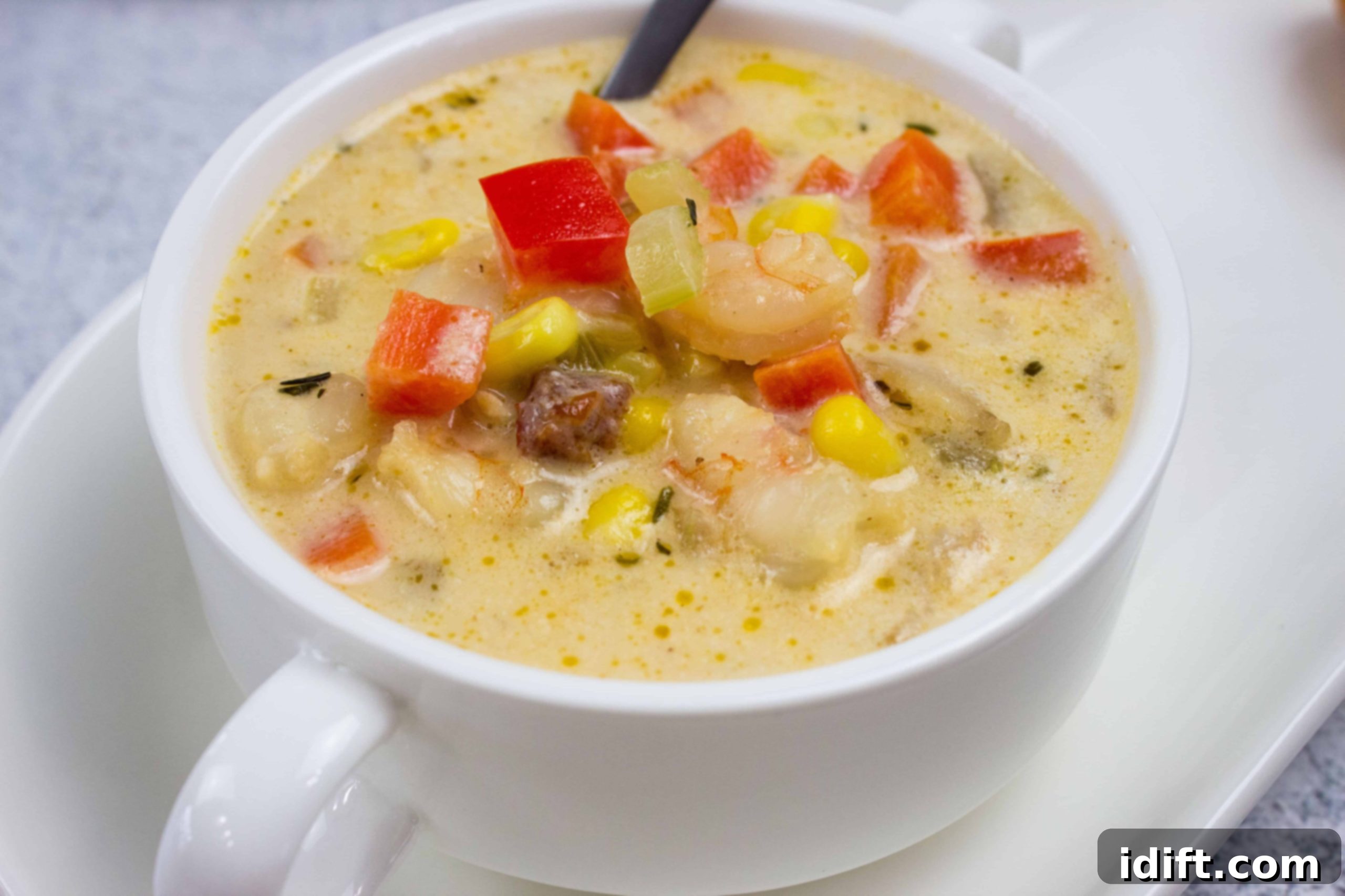 A tantalizing bowl of Shrimp & Corn Chowder with Chipotle, showcasing vibrant colors and inviting textures.
