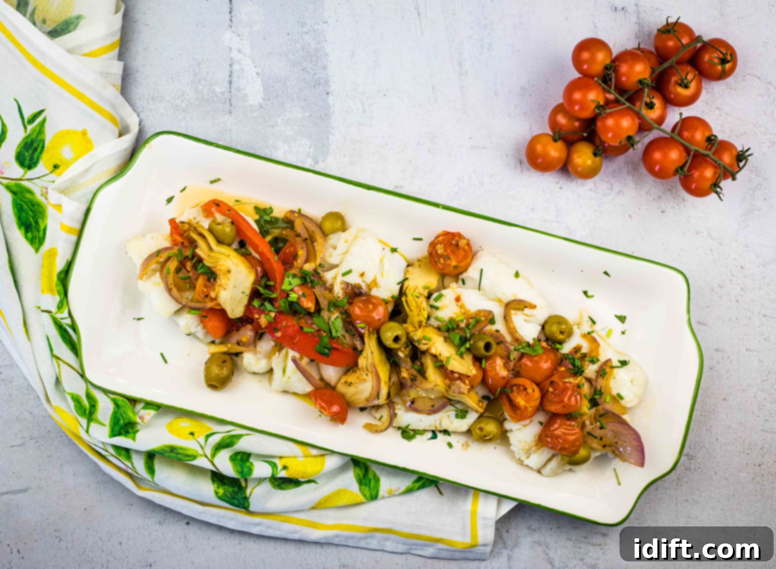 Mediterranean cod on a rectangular platter.
