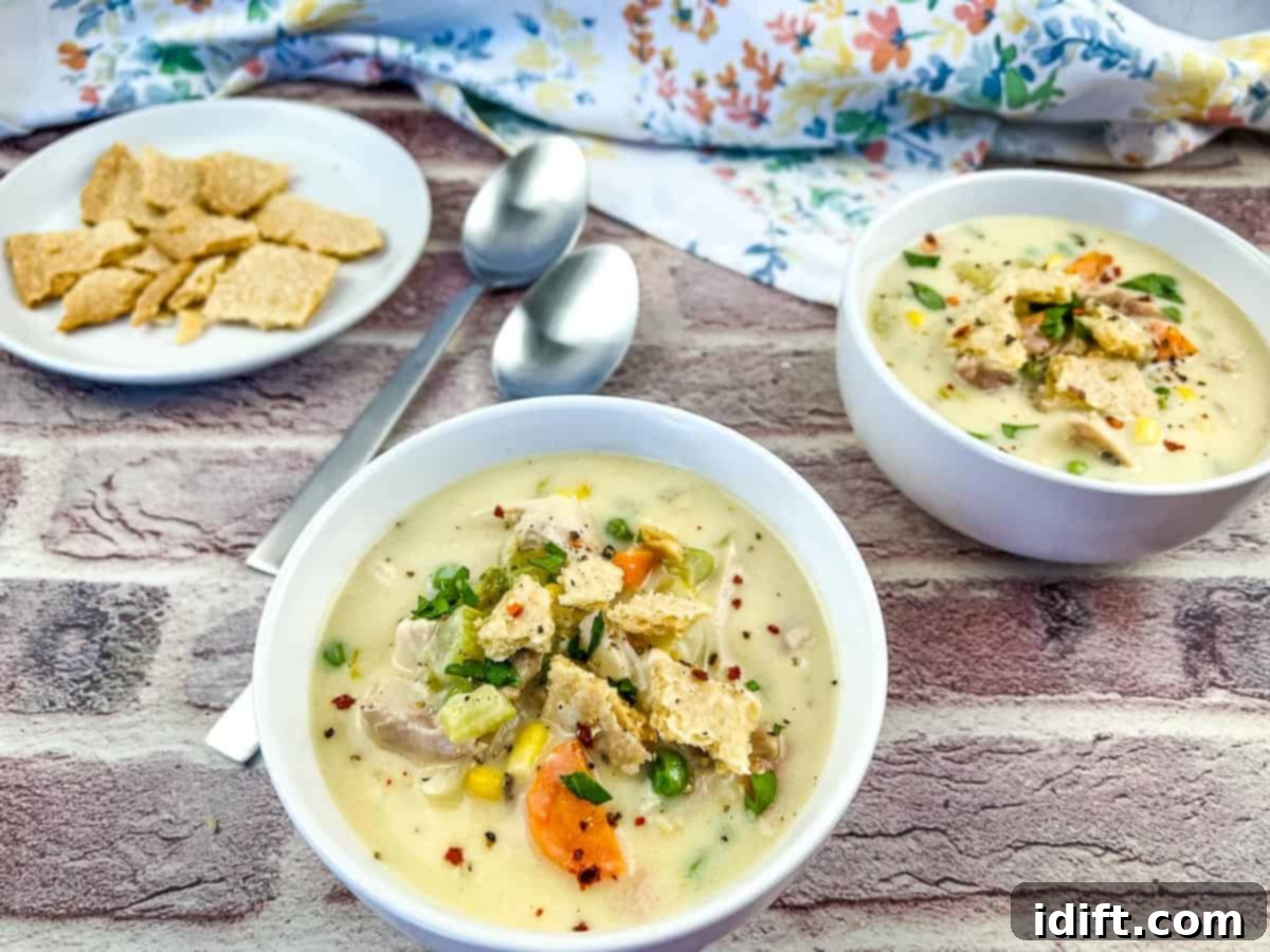 Never Waste a Bite: 19 Genius Recipes for Epic Leftovers 8 Two bowls of Turkey Pot Pie Soup with crackers and spoons.
