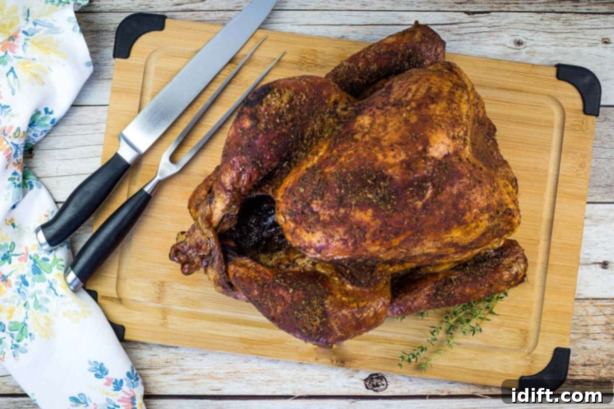 A smoked turkey on a wooden cutting board.