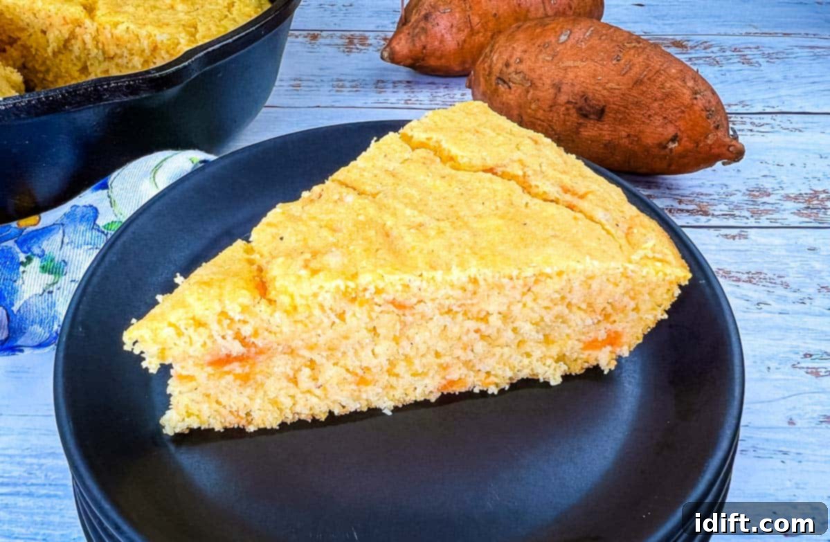 A slice of moist sweet potato cornbread on a plate next to roasted potatoes.