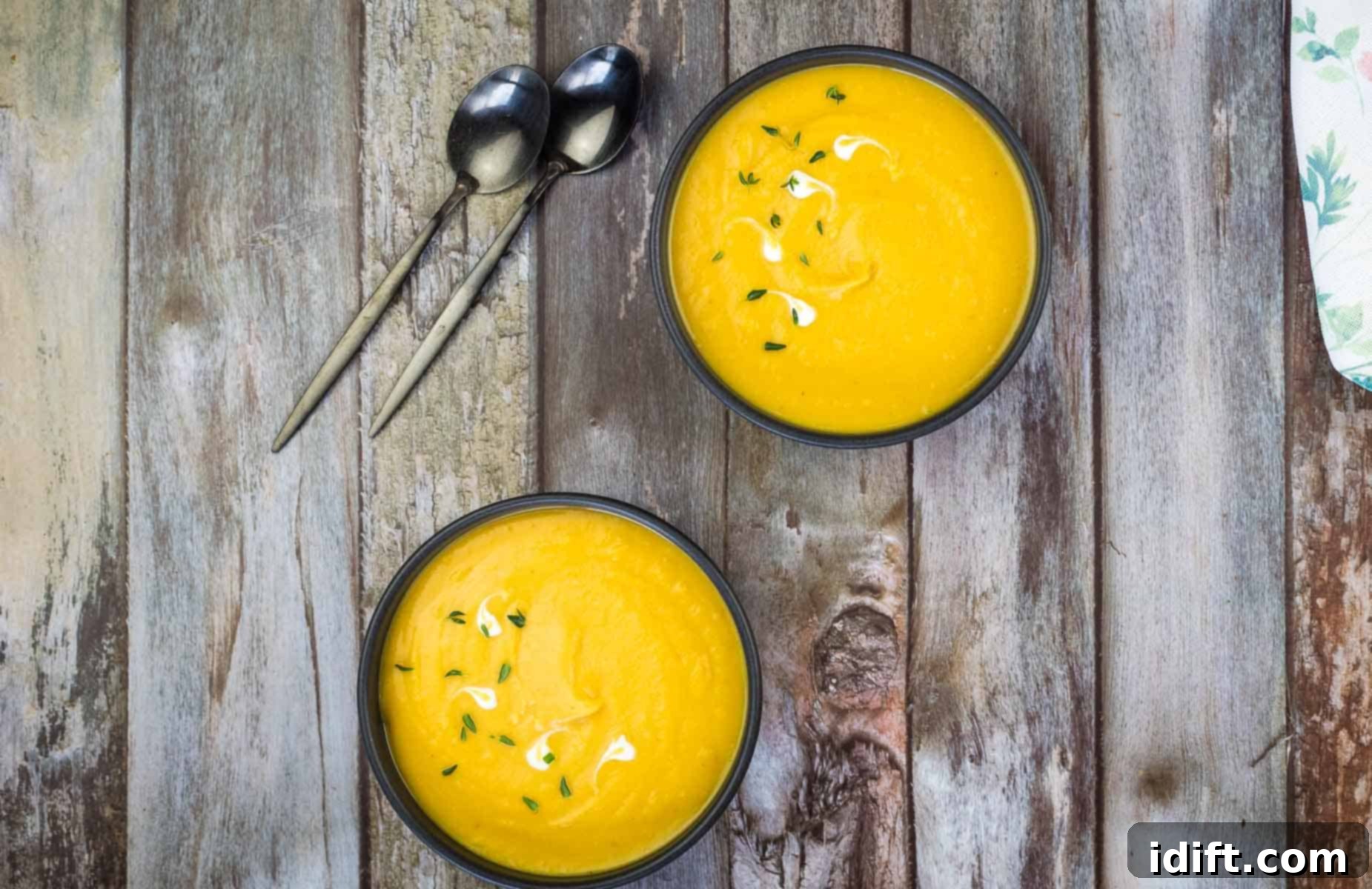 Nonna's Easy Mains for Every Occasion 7 Two bowls of cream of butternut squash and sweet potato soup on a wooden table.