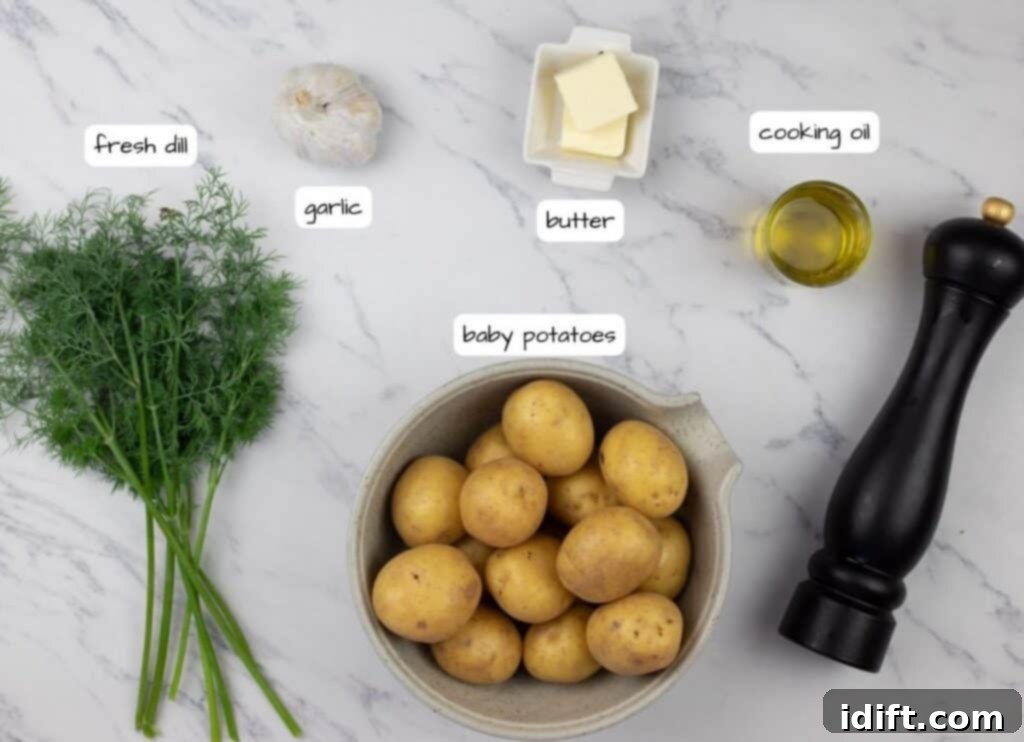 Ingredients for roasted potatoes with dill and garlic.