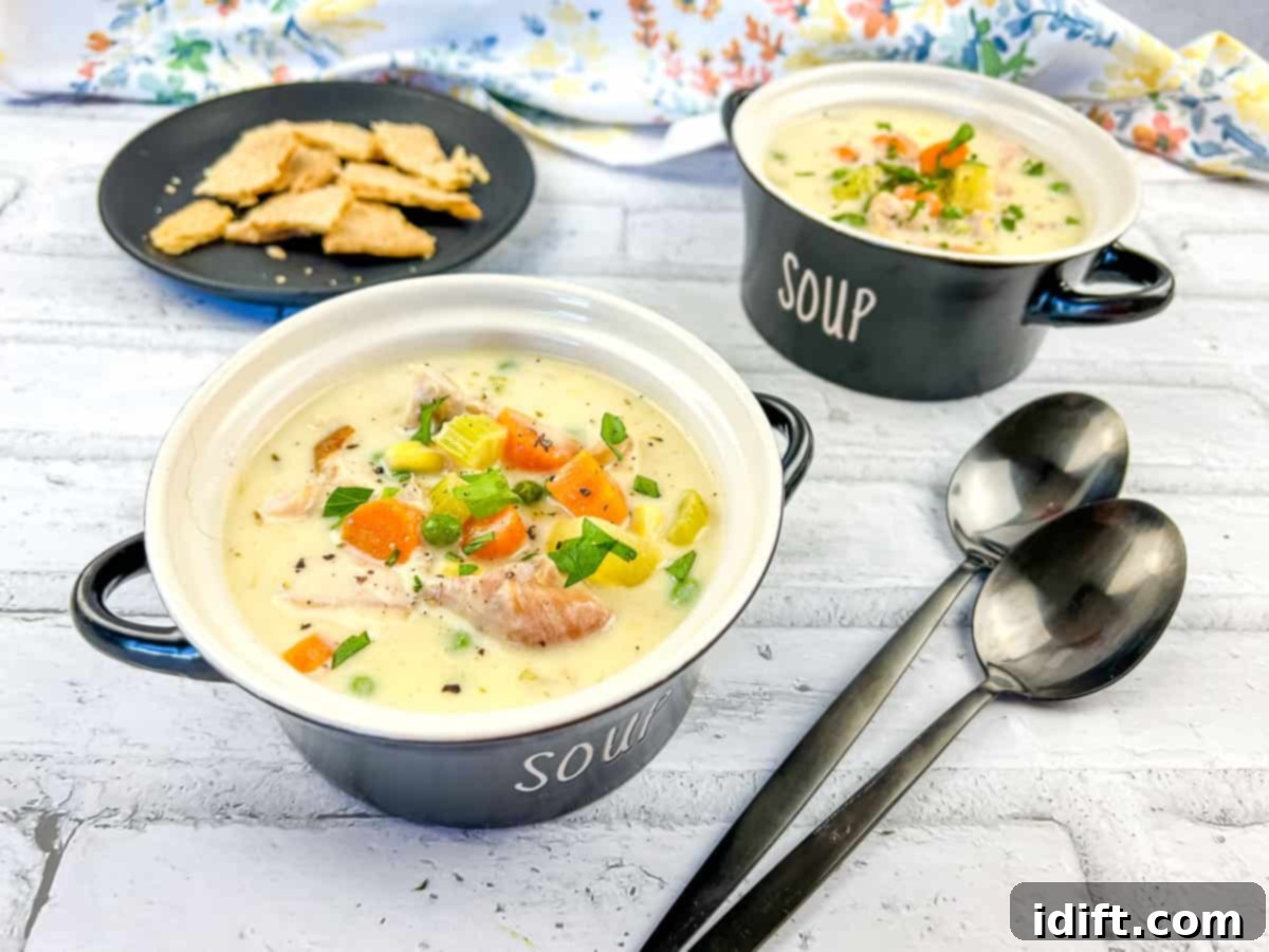 Thriving Through Thursday: 17 Recipes to Conquer the Week 10 Two bowls of Turkey Pot Pie Soup with crackers and spoons.