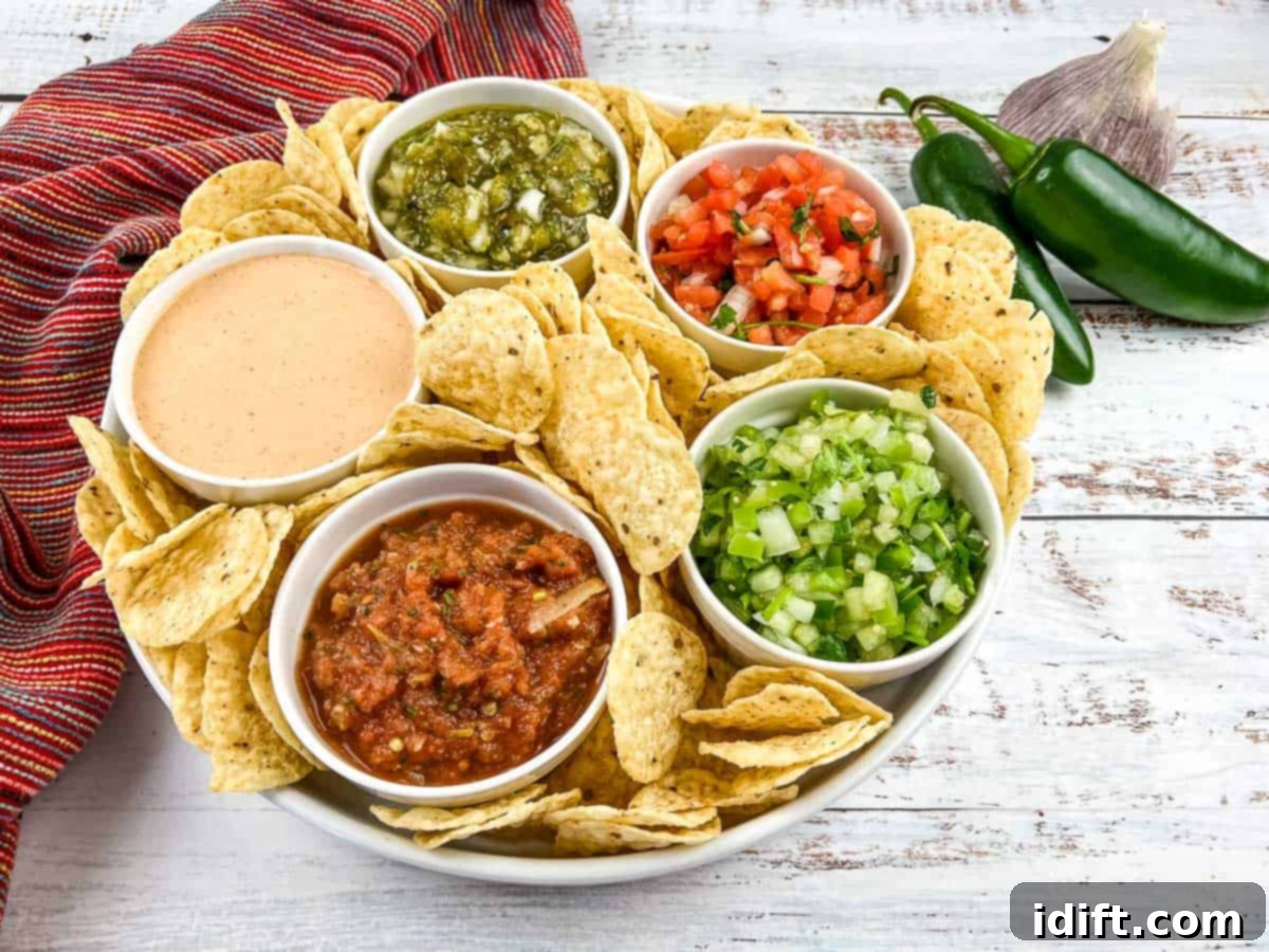 Tomatillo pico de gallo in a black dish surrounded by tortilla chips.