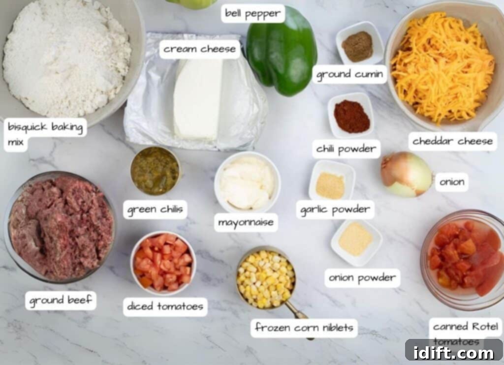 A vibrant display of fresh ingredients for John Wayne casserole, neatly arranged on a marble surface.