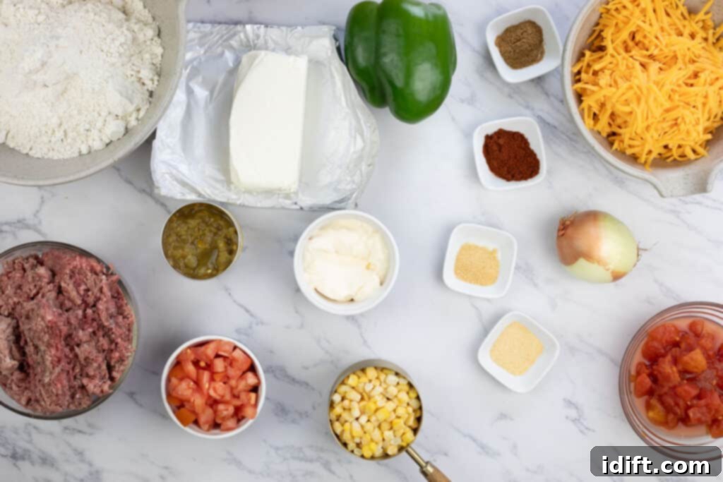 All the fresh and packaged ingredients for John Wayne Casserole, ready for preparation.