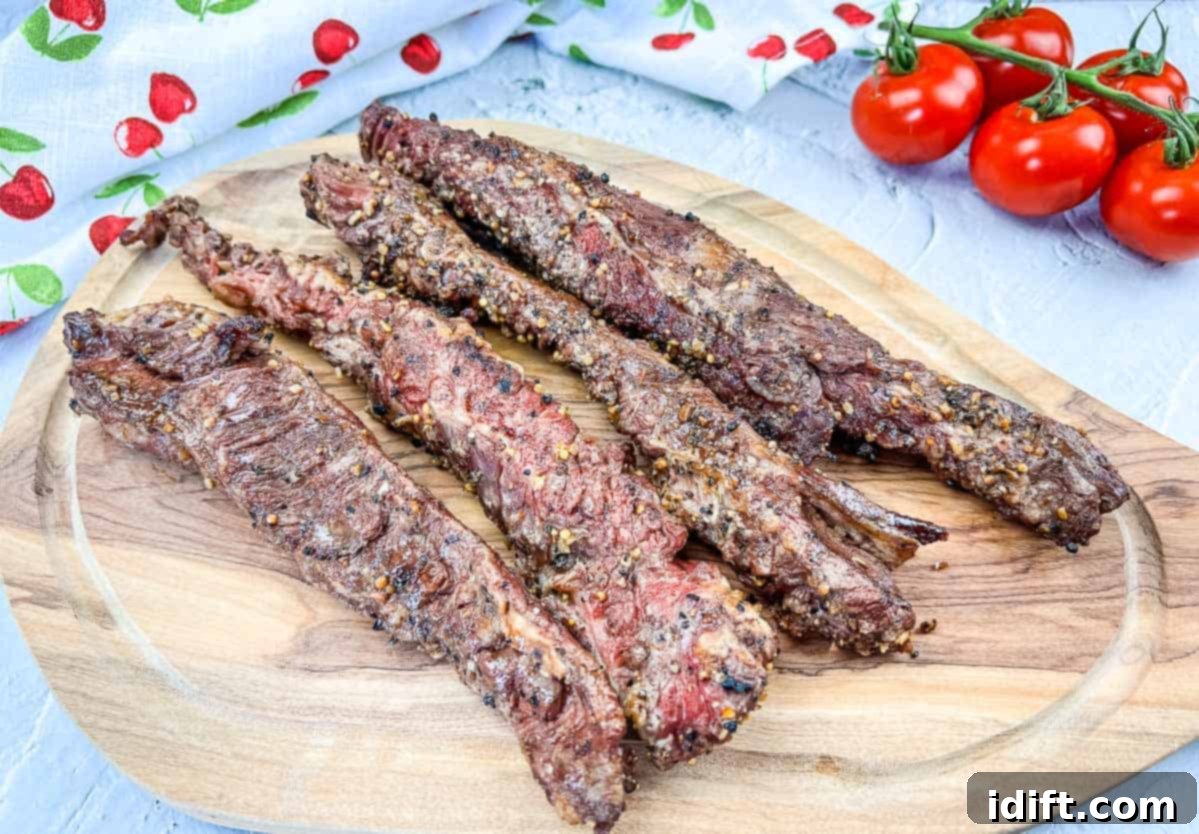 Grilled Beef Finger Meat on a wooden cutting board.
