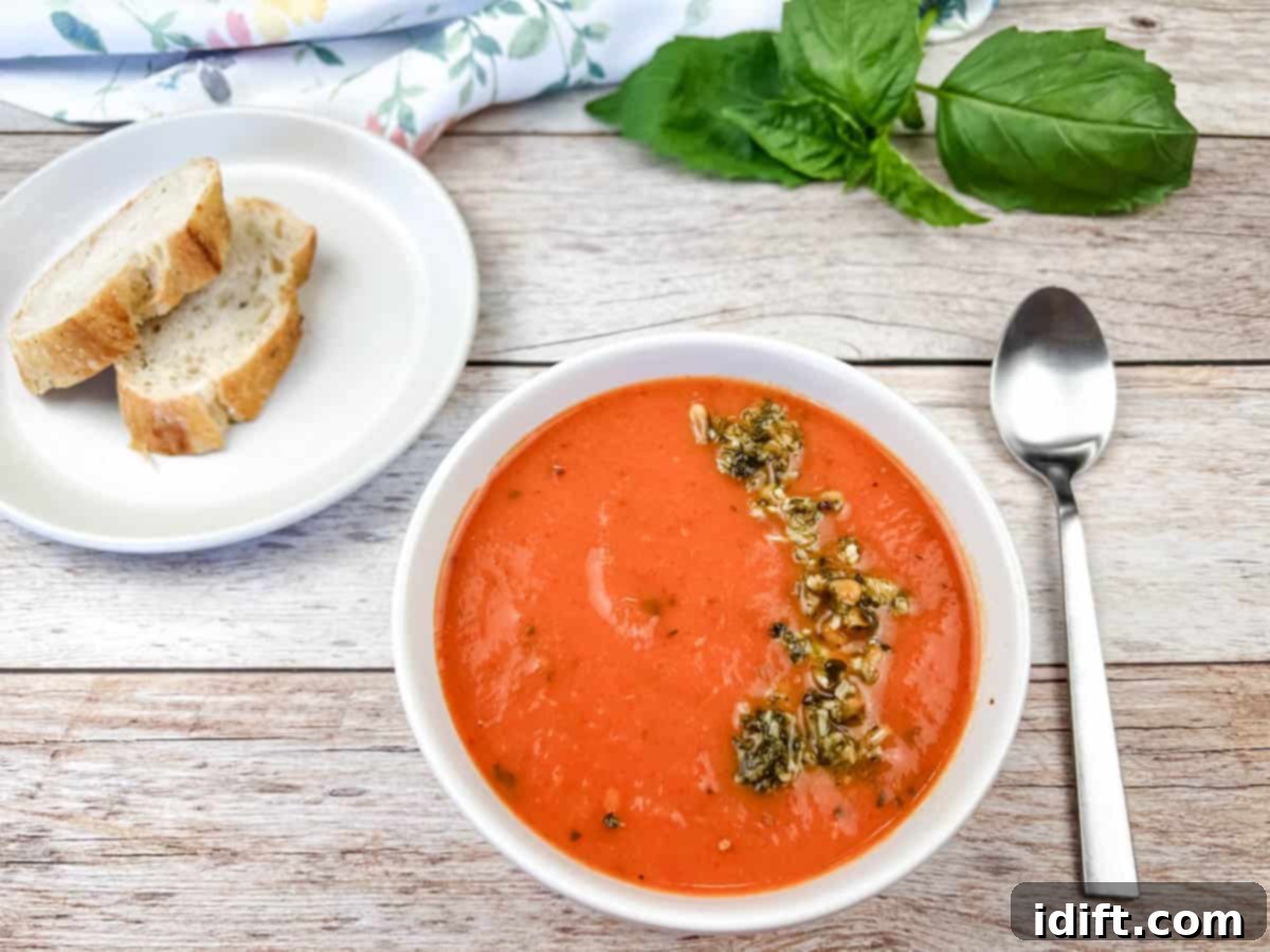 A bowl of red pepper and tomato soup next to a plate of bread and a spoon.