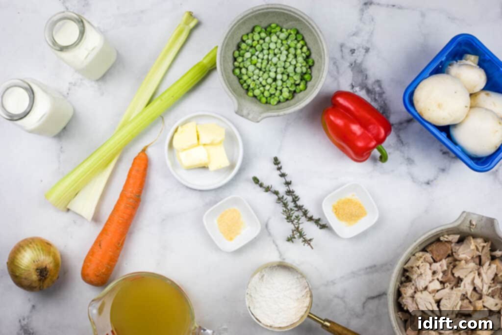 Ingredients for turkey a la king on a marble table.