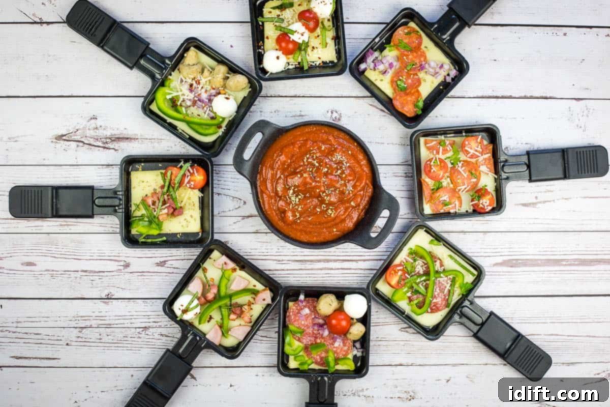 A group of miniature pizzas being cooked on a Raclette grill, showcasing individual servings.