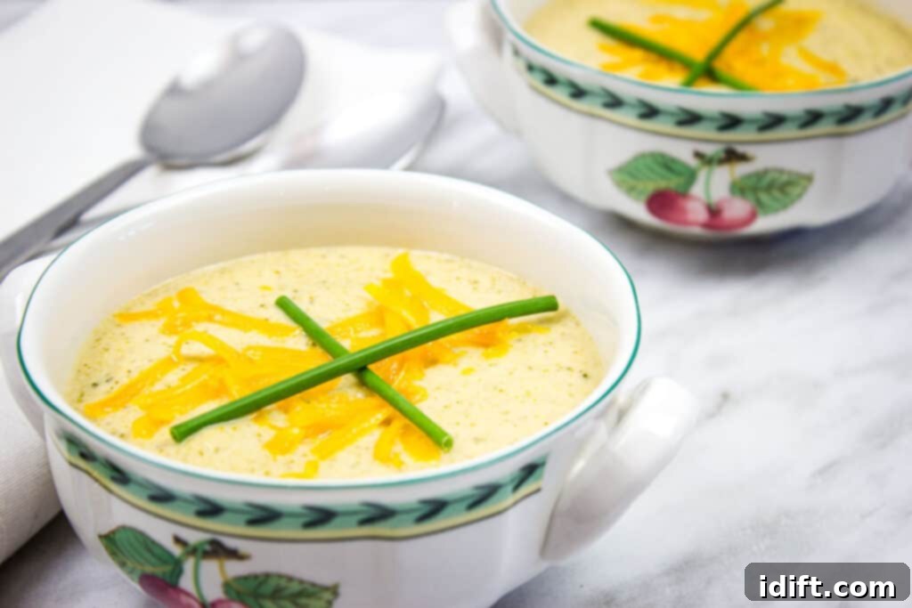 Two bowls of soup with cheese and chives.