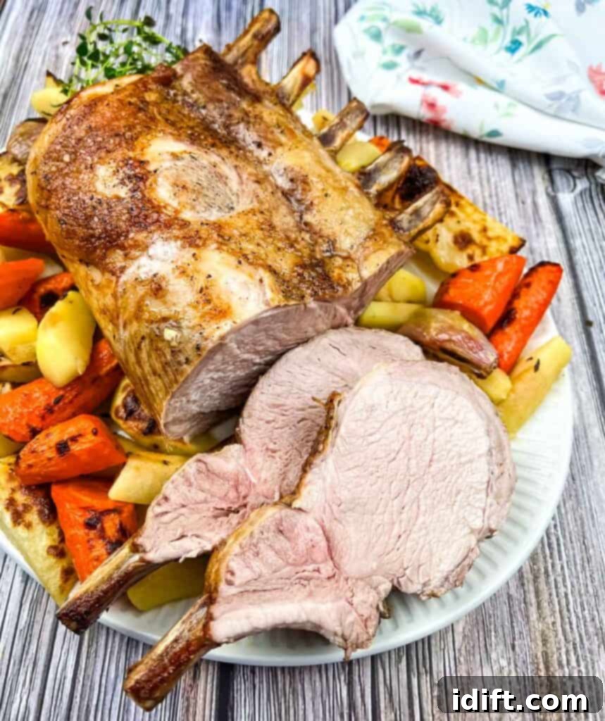 Succulent roasted pork with glazed carrots and potatoes on a pristine white plate, garnished with fresh herbs, ready to be served.