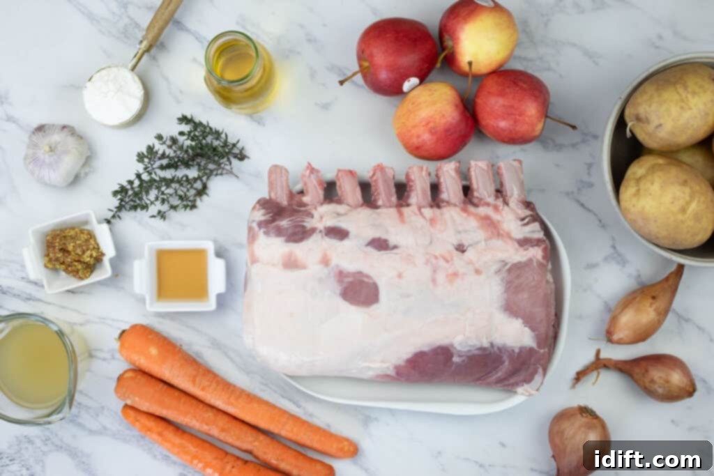 A clean, organized display of ingredients for a roast pork dish, including a bone-in pork roast, potatoes, carrots, apples, fresh herbs, and liquids, ready for preparation.