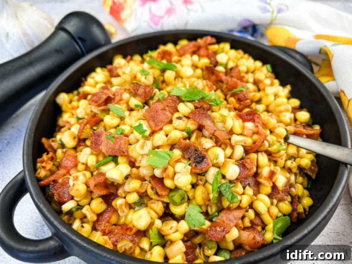 Bacon Fried Corn in a serving bowl, showcasing golden corn kernels and crispy bacon pieces.