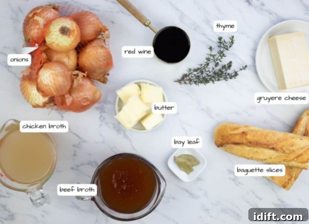 Chef Jenn's Signature French Onion Soup 4 A beautifully arranged selection of fresh ingredients for French onion soup, including onions, herbs, cheese, and broth.