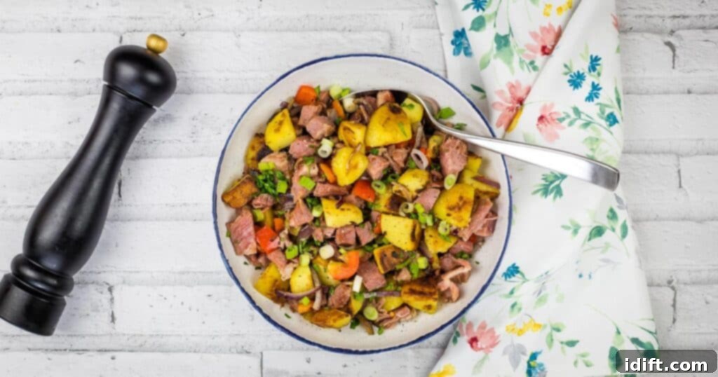 23 Power-Packed Breakfasts to Fuel Your Day 9 A bowl of leftover cottage roll hash on a white tablecloth.