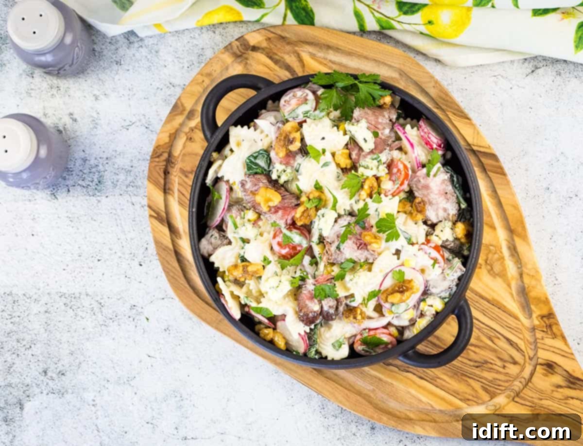 21 Delectable Salads for Effortless Midday Meals 6 Overheat shot of steakhouse pasta salad.