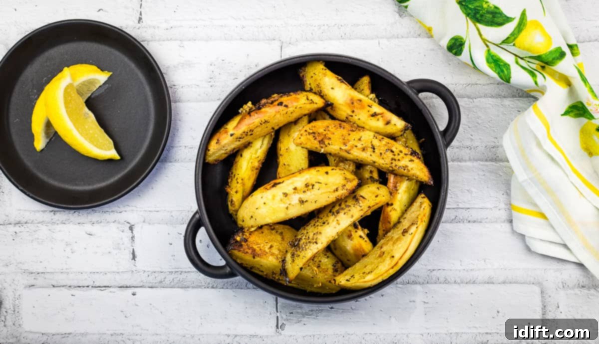 Spring's Culinary Surprises: 11 Recipes Beyond the Ordinary 2 Greek Lemon Garlic Potatoes in a black dish with lemon in the background.