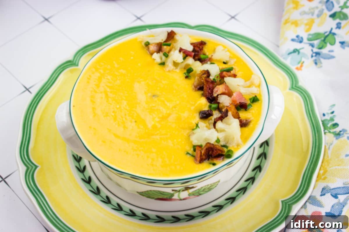 A closeup of a bowl of creamy Cauliflower & Sweet Potato Soup, garnished with a swirl of cream.