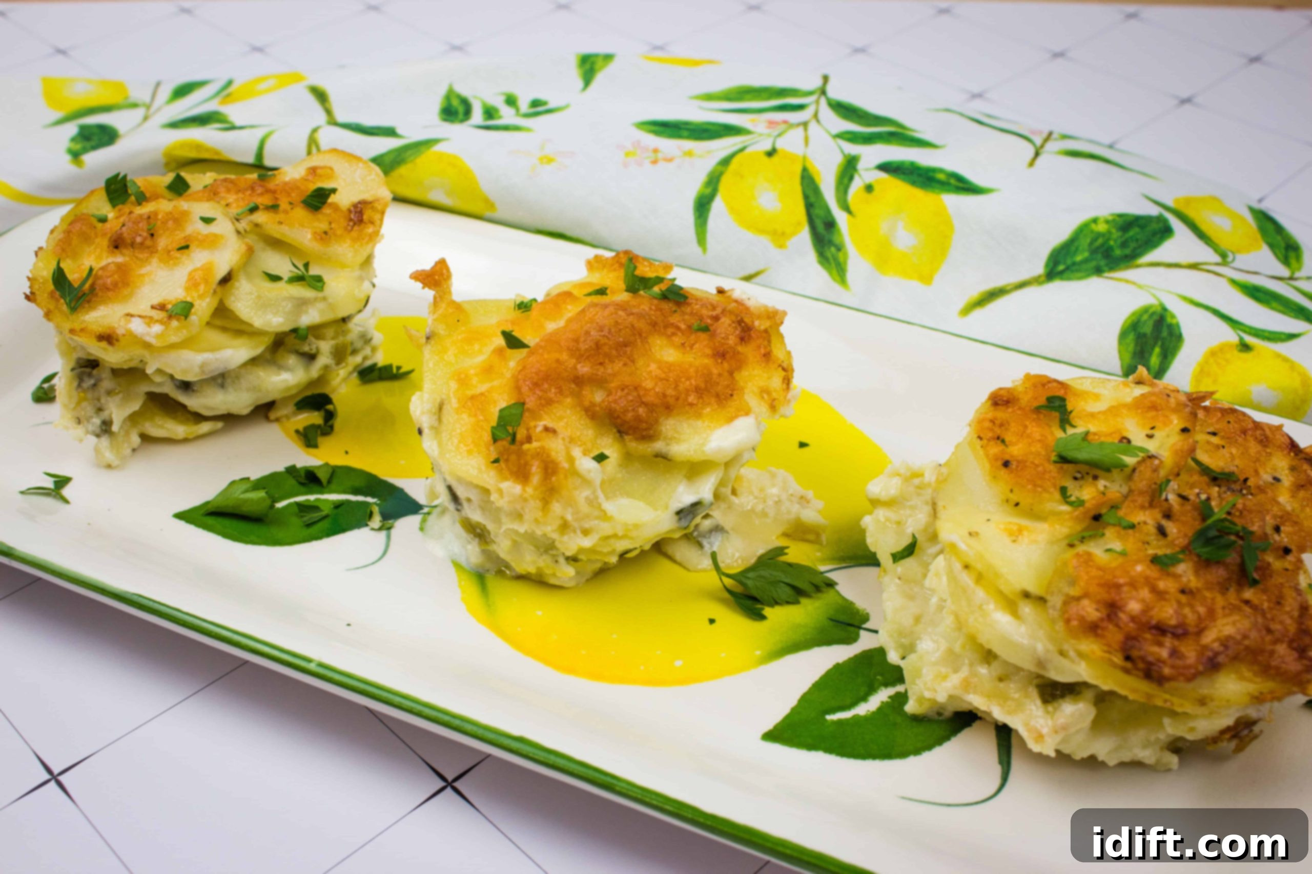 Au Gratin Potato Stacks on a white plate, elegantly layered and golden brown, ready to be served.