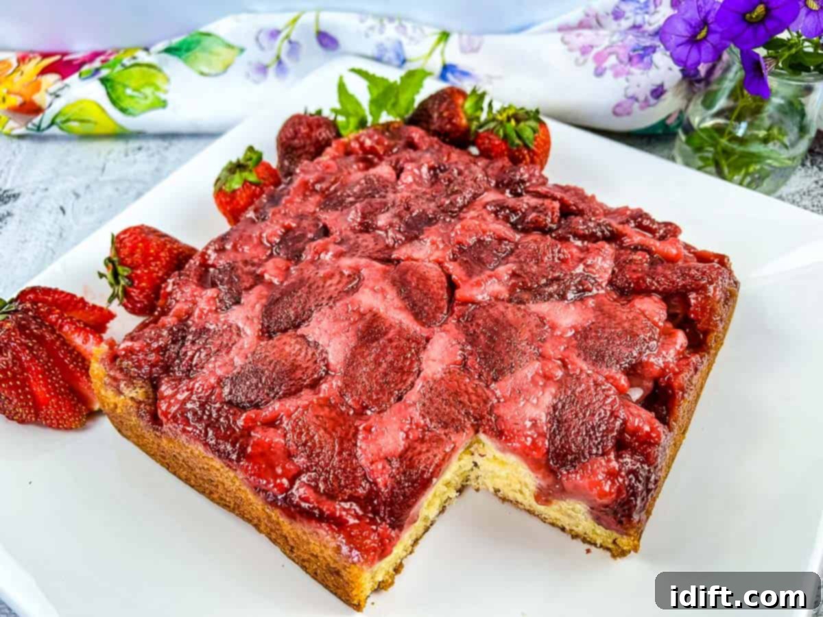 15 Easter Recipes for a Seriously Satisfying Celebration 4 Strawberry Upside Down Cake with a slice missing.