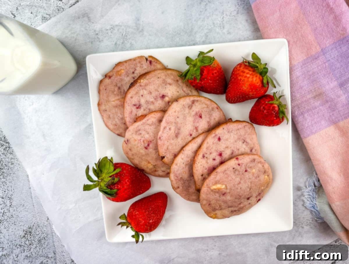 Delicate Strawberry Shortcake Cookies on a white plate, adorned with fresh strawberries.