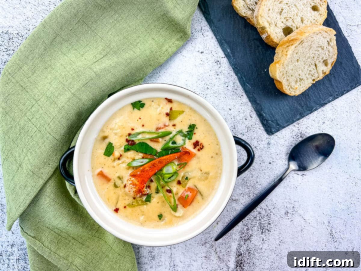 A luxurious bowl of creamy Lobster Chowder, garnished with fresh herbs, served with crusty bread.