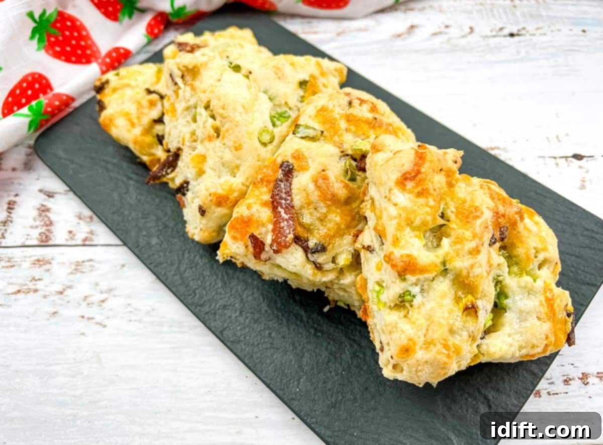 Bacon, Cheddar, Green Onion Scones on a black plate.