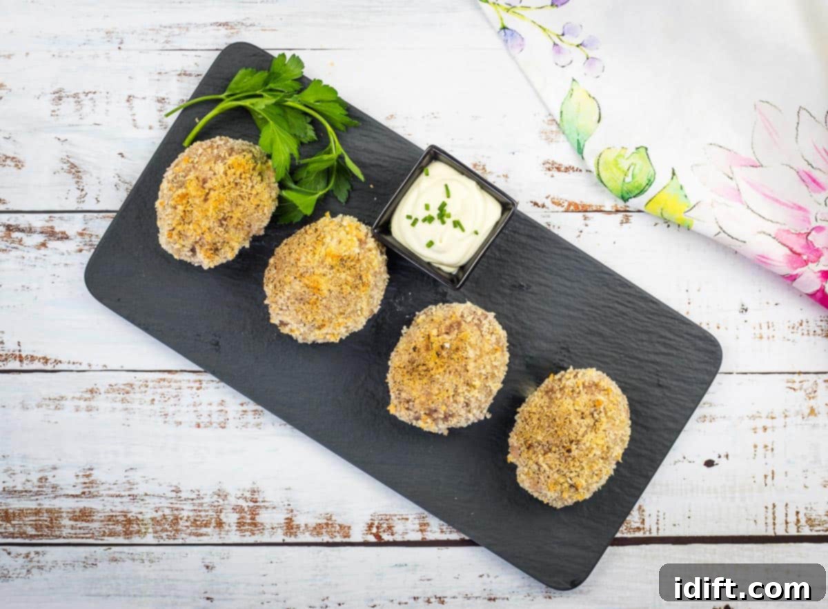 19 Snacks So Good, One Is Never Enough 5 Savory Baked Scotch Eggs, golden brown and perfectly cooked, displayed on a black plate.