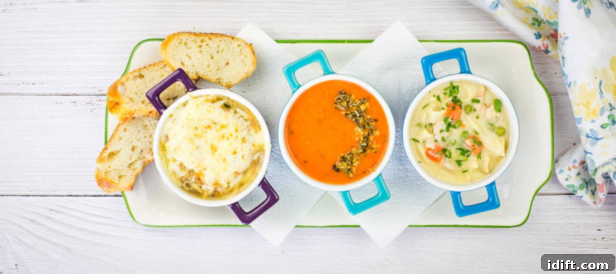 Three bowls of different kinds of soup accompanied by slices of bread served on a white wooden table.