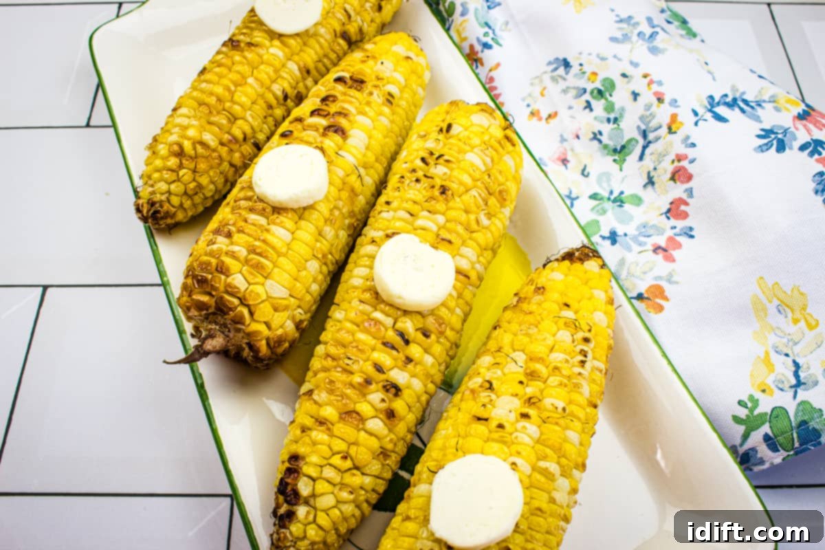 17 Homemade Meals That Beat Delivery Every Time 5 Air Fryer Corn on the Cob on a white platter.