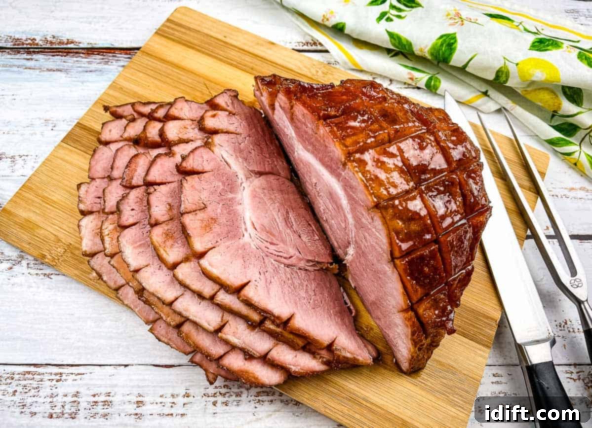 Smoked sliced ham on a cutting board.