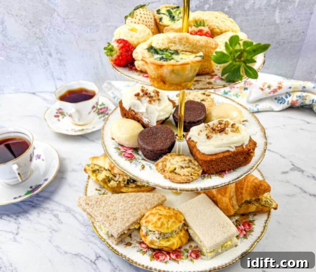 Regal Curried Chicken Salad 9 A three tiered cake stand with a cup of tea.