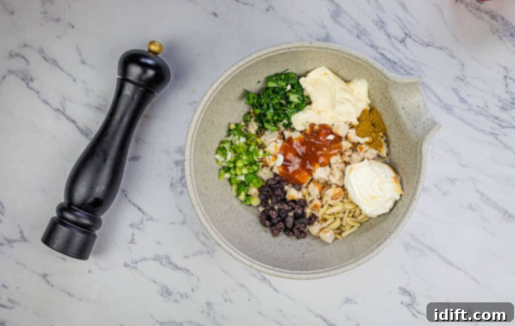 Regal Curried Chicken Salad 6 A bowl of food on a marble table.