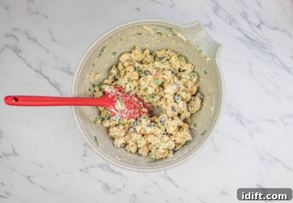 Regal Curried Chicken Salad 7 A bowl of chicken salad with a red spatula.