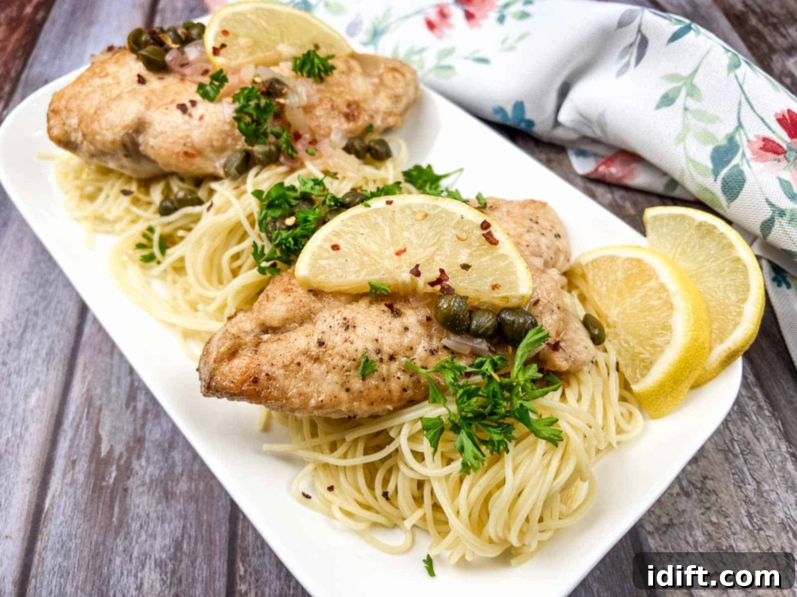 Two chicken piccata on a white plate with parsley and lemon wedges, showcasing a gourmet yet simple weeknight meal.