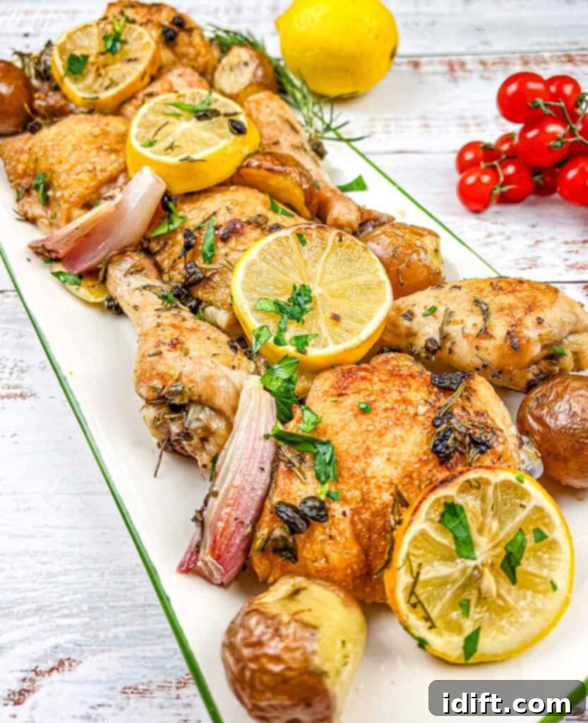Golden brown roasted chicken with vibrant lemon slices and rosemary, surrounded by perfectly cooked potatoes, resting on a white dinner plate.