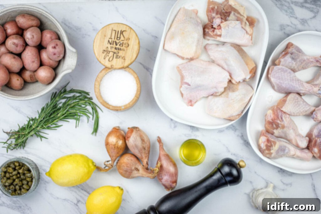 A vibrant selection of fresh ingredients including chicken pieces, red potatoes, shallots, lemons, and herbs on a pristine marble surface.