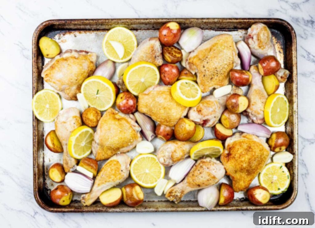 Browned chicken, halved red potatoes, and shallots neatly arranged on an unlined baking sheet.